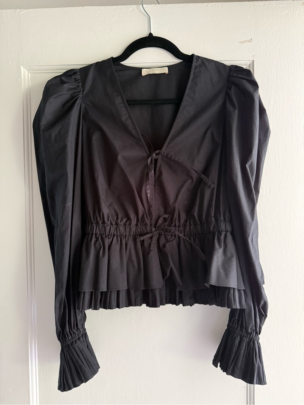 Ulla Johnson Black V-Neck Peplum Tie-Front Blouse